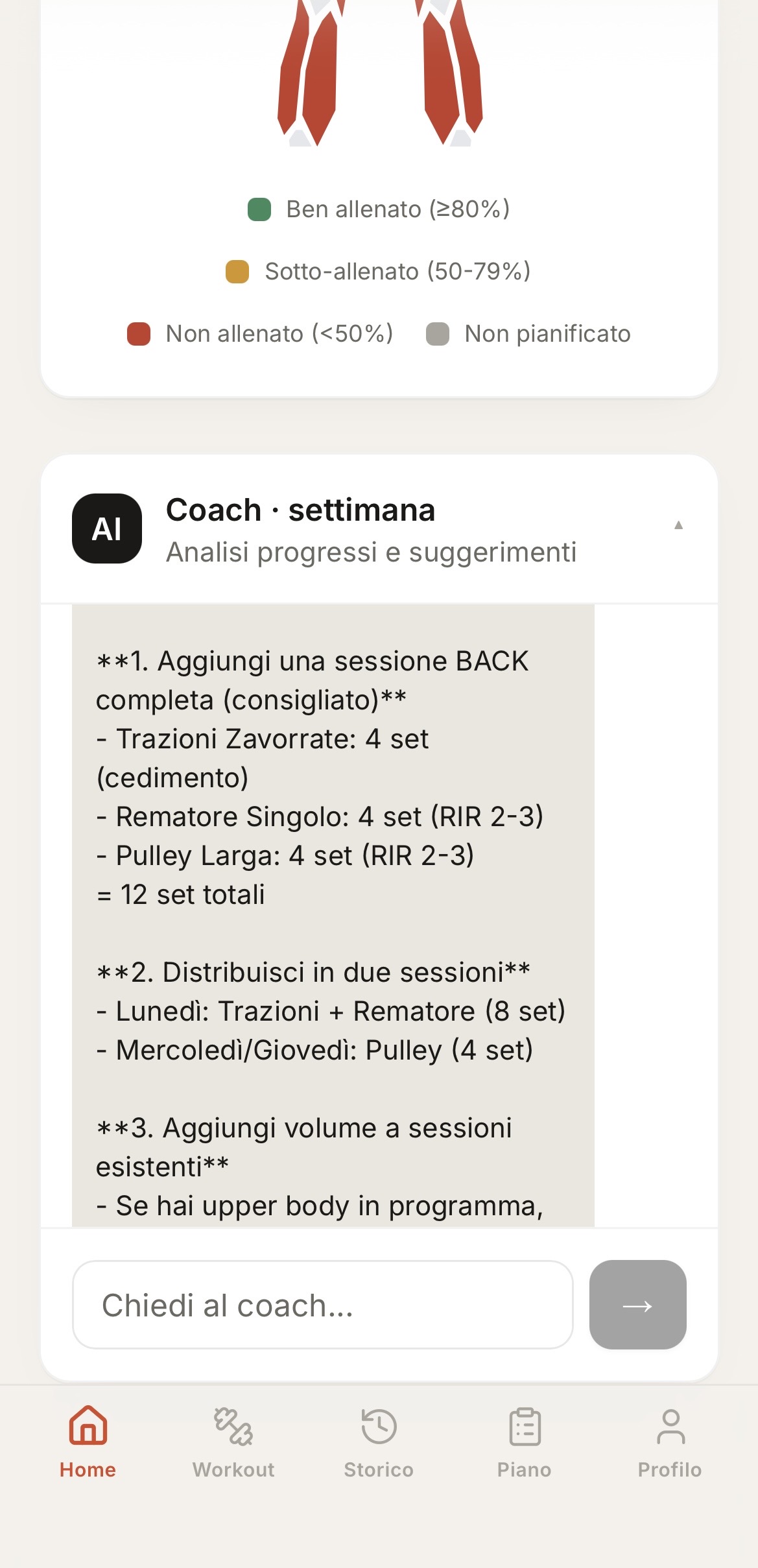 AI coach weekly review listing specific recommendations — add a back session with 12 sets distributed across two days.