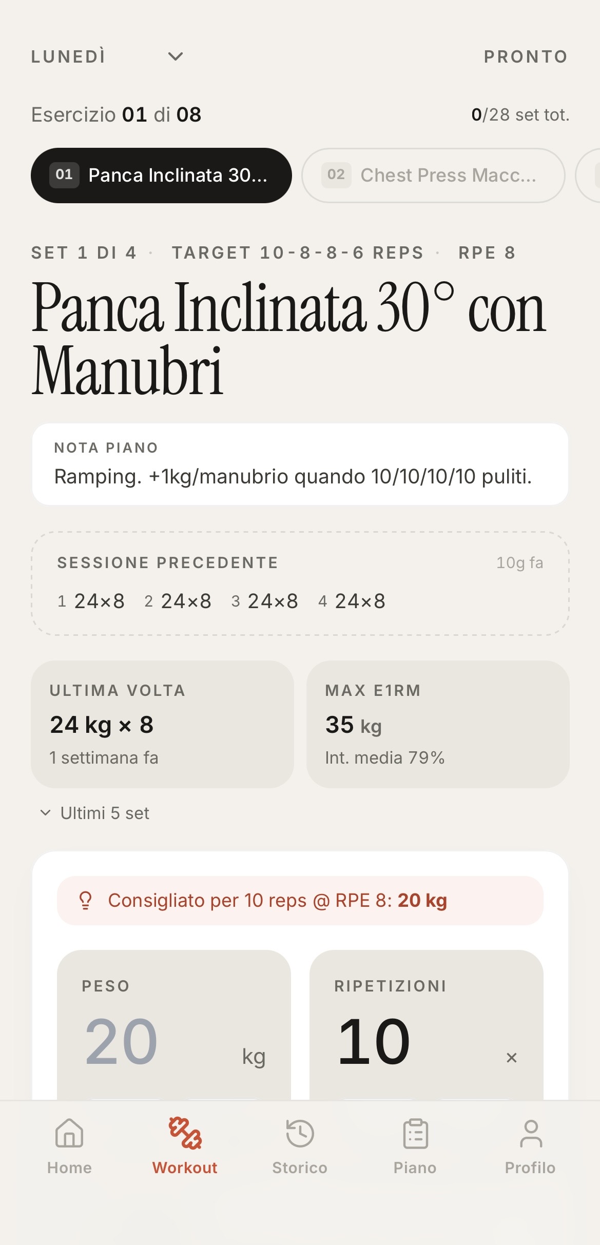Workout screen — logging a set of incline dumbbell press, with prior session reference and suggested working weight.